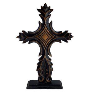 Pier‎ 1 Imports Wood Carved Cross India Made Stands 13.5" x 6" Dark Brown